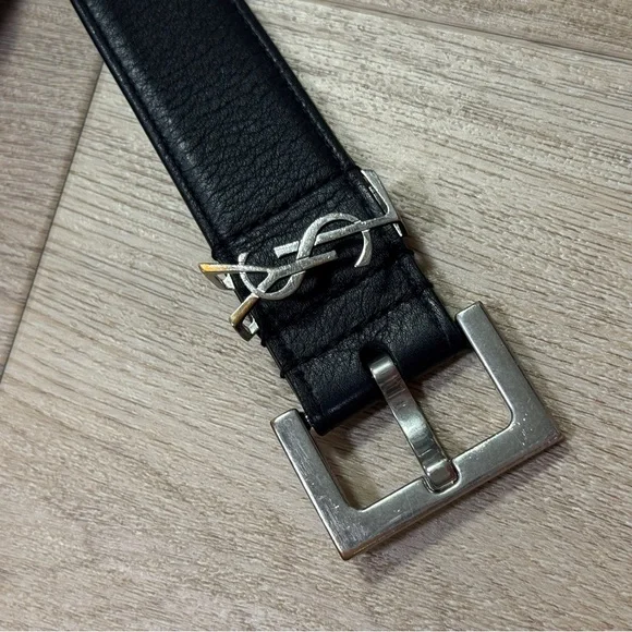 Saint Laurent Black Leather Belt with Silver YSL Accent - Picture 2 of 5
